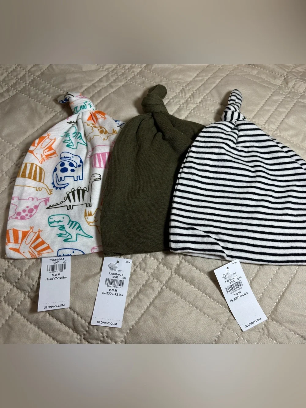 Old Navy 0-3M Baby Knot Hats - Dinosaur Multicolor, Olive, Black/White Stripe
